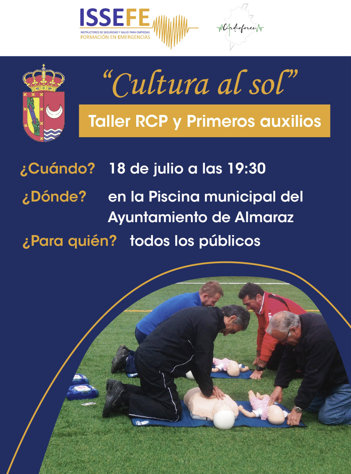 cartel anunciativo del taller de rcp y primeros auxilios en la piscina municipal de Almaraz organizado por issefe y cardioforex